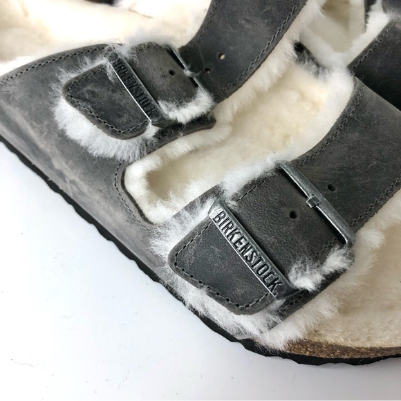 NIB Birkenstock Arizona Shearling Iron Leather Fur Lined Sandals Shoes - Picture 7 of 12